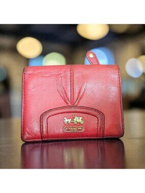Coach Red Leather Wallet Women Compact Bifold Zip Coin Pocket Signature Logo